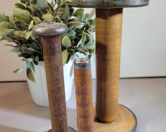 2 Vintage Primitive Style Wooden Spools, 10.5 Tall, Lovely! Marked Akron  Spool