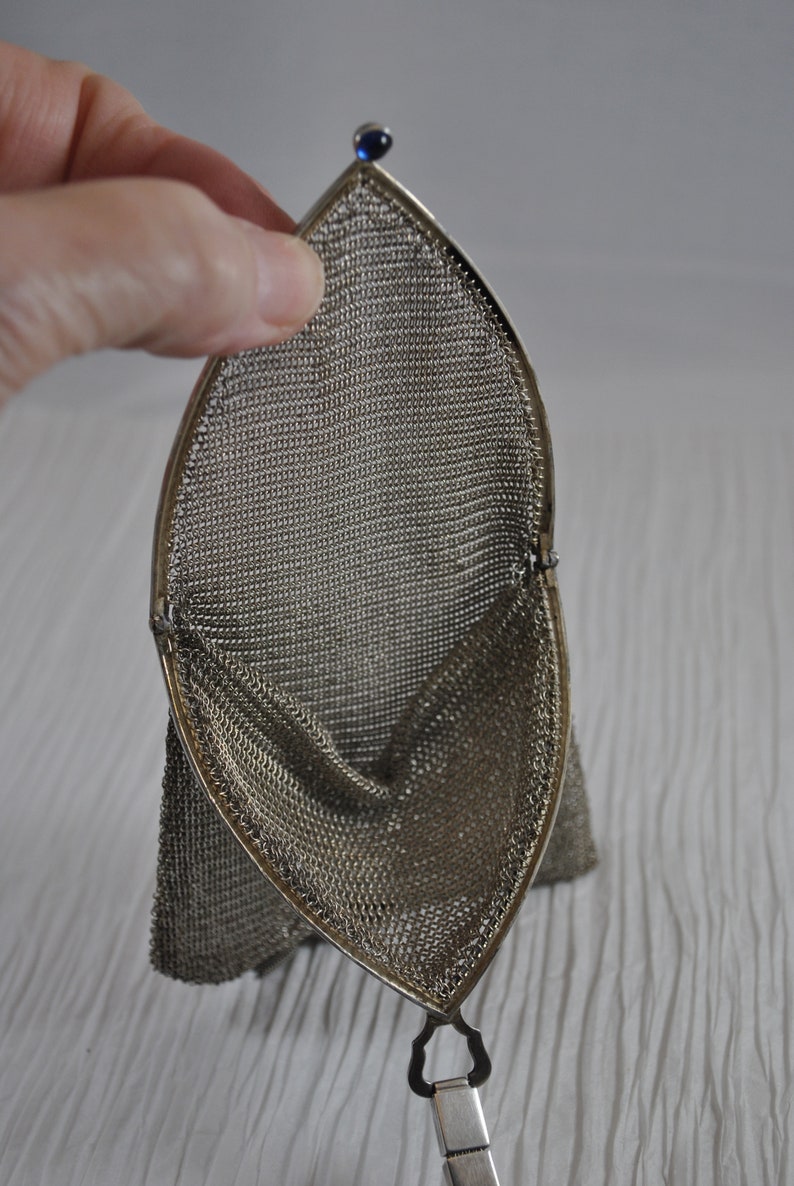 Antique Sterling Silver Mesh Chain mail Purse Bag flapper purse blue stone clasp