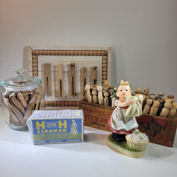 Choice of assorted vintage laundry room decor items, cleaner, vintage clothespins