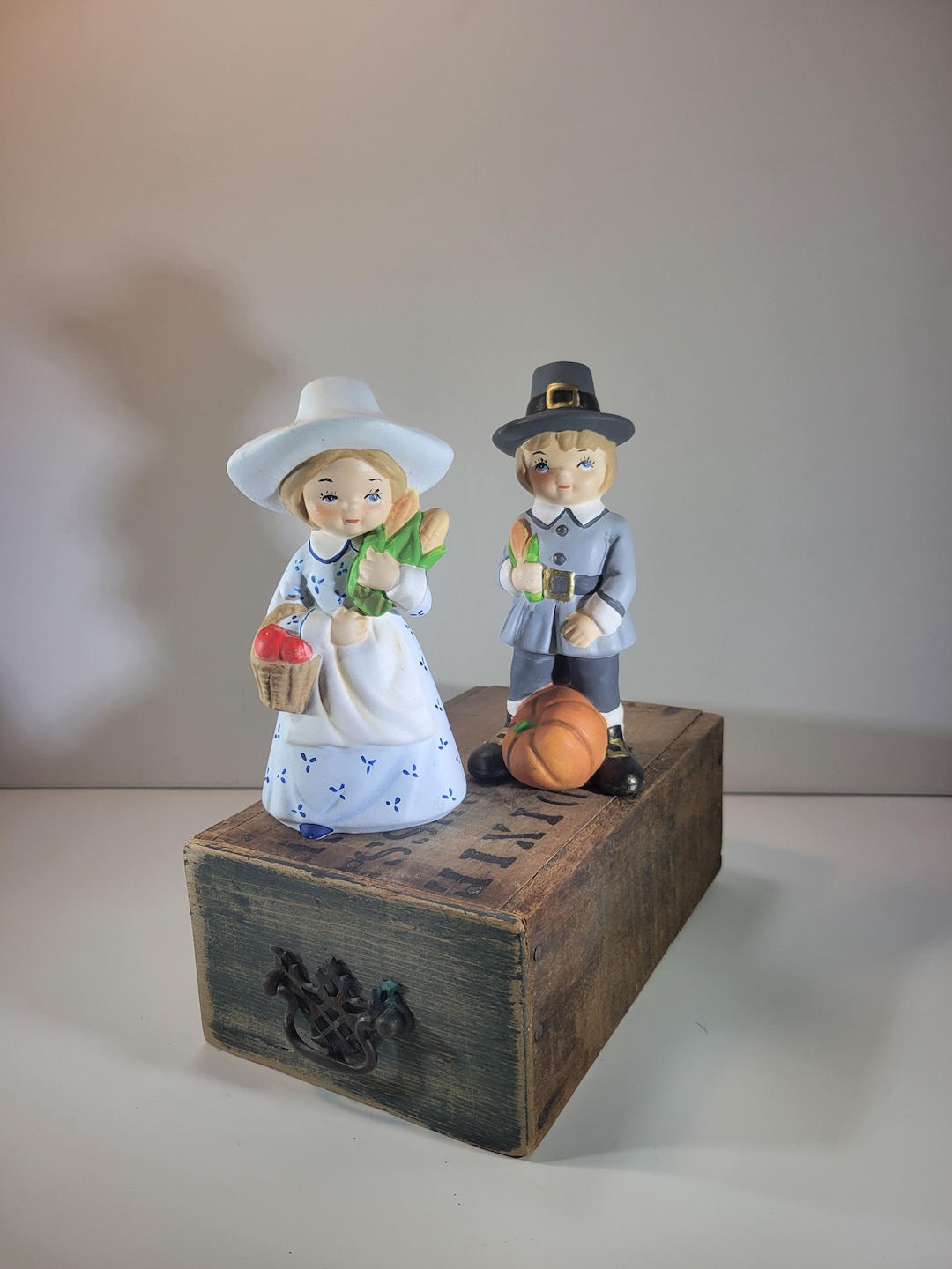 Thanksgiving Pilgrim Figurines Dressed in Blue, Boy and Girl With