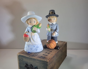 Vintage Napcoware Japan Pilgrim Boy & Girl Chalk Figurines Pair