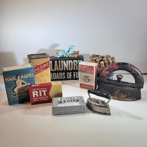 Choice of assorted vintage laundry room decor items #3, cleaners, vintage clothespins, starch box, laundry soap, iron, laundry sign