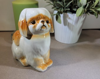 Appealing, porcelain, Pekinese dog figurine, made in Russia, Lomonosov white and brown dog