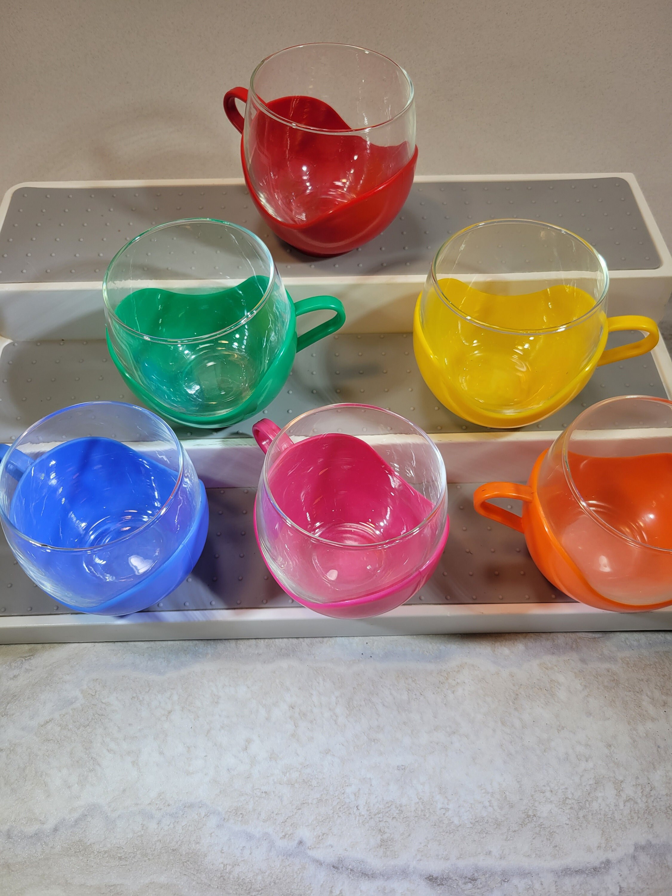 Vintage Colorful Plastic Handle Glass Drinking Glasses - West Germany, Set of 6