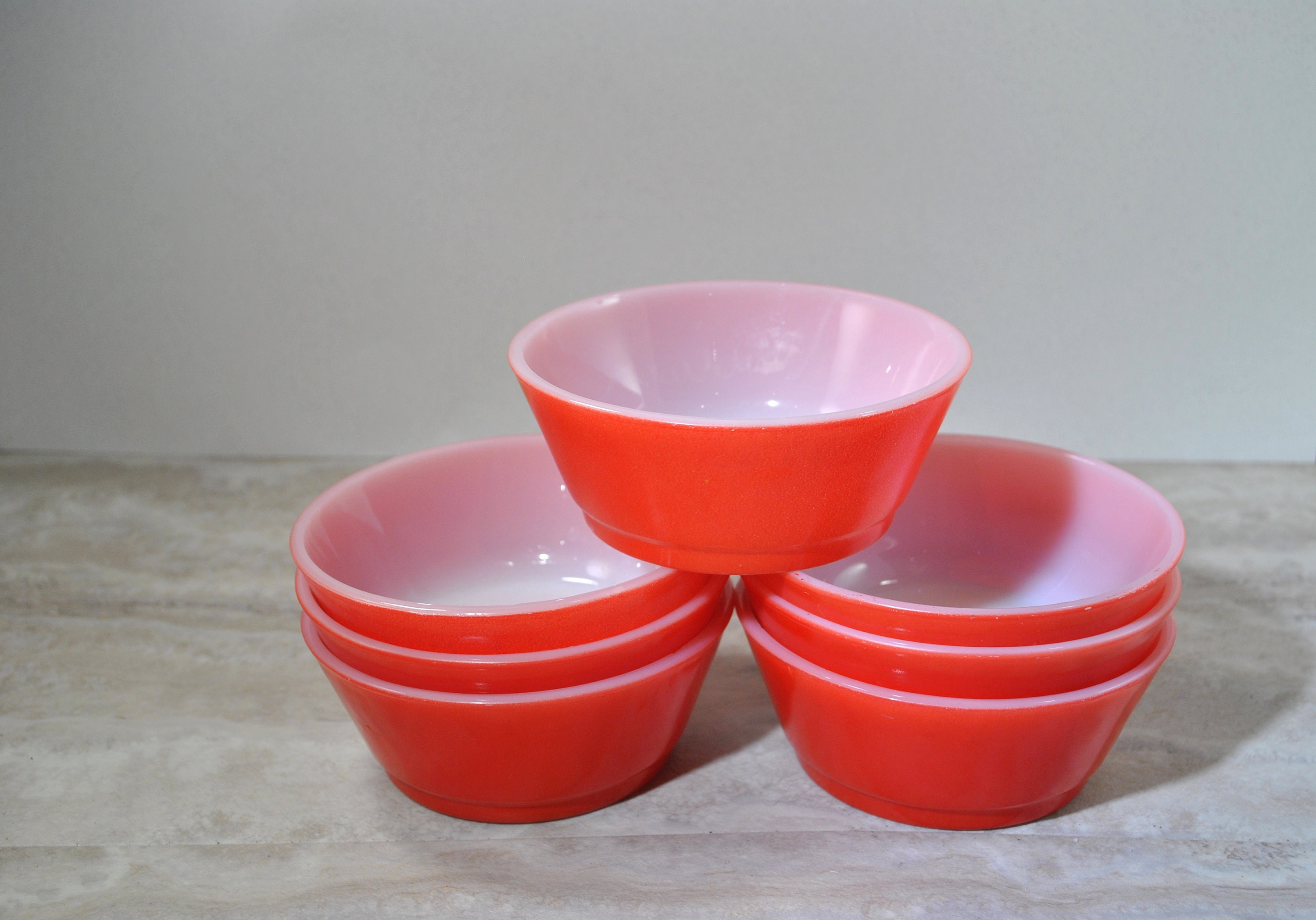 7 Anchor Hocking Red Fire King Bowls, Glass Collectible, Small