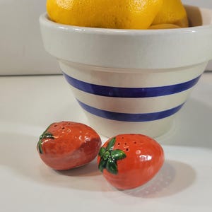 May include: A white and blue striped ceramic bowl filled with bright yellow lemons. Two tomato-shaped salt and pepper shakers are in the foreground. The shakers are red with green leaf details.
