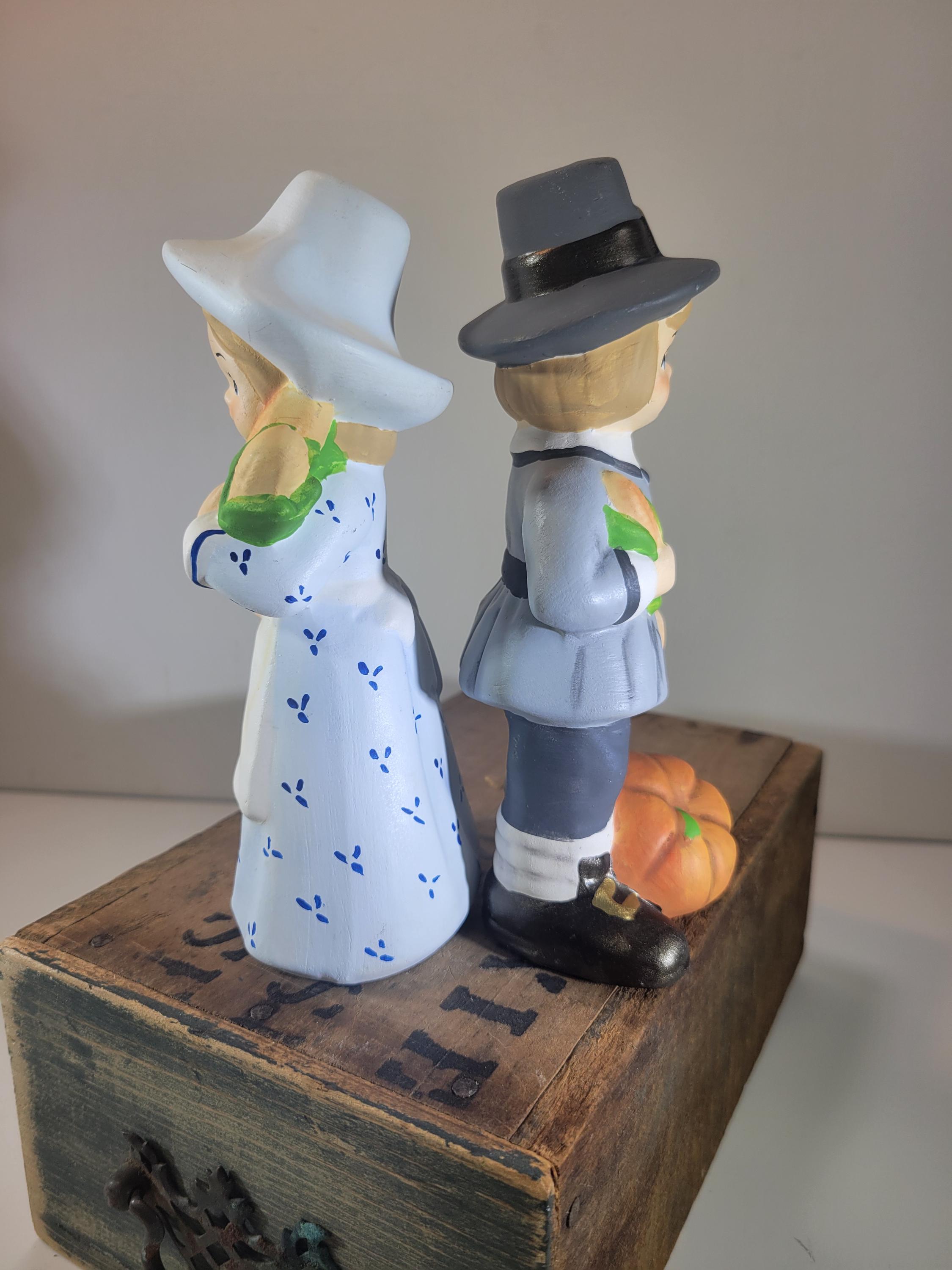 Figurines Céramique Biscuit Couple Pèlerin Avec Dinde - Vintage à Peindre, USA