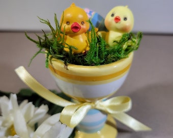 2 yellow, miniature chicks in a striped egg cup with Easter egg, Easter Décor, ceramic, vintage, Spring decoration