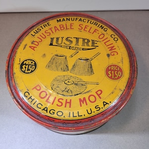 Fantastic graphics on this canister, tin can, Lustre Polish Mop tin, antique, collectible