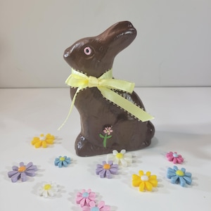 Chocolate bunny figurine, Easter, rabbit with flowers, home decor