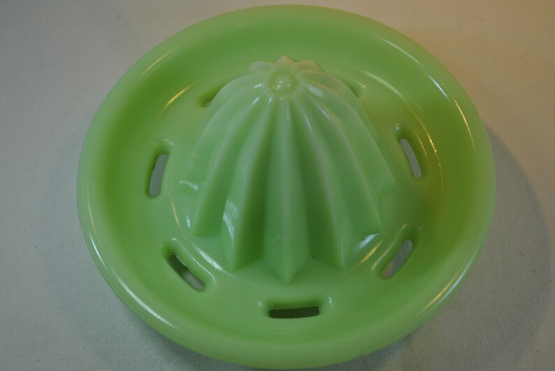 New Jadeite Green Glass Small Juicer Pitcher and Reamer Retro Depression Style New Jadeite Green Glass Small Juicer Pitcher and Reamer Retro Depression Style