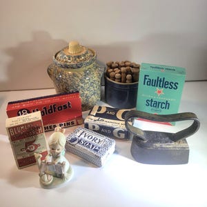 Choice of assorted vintage laundry room decor items #5 , cleaners, vintage clothespins, starch box, soap bars, washboard, SAD iron