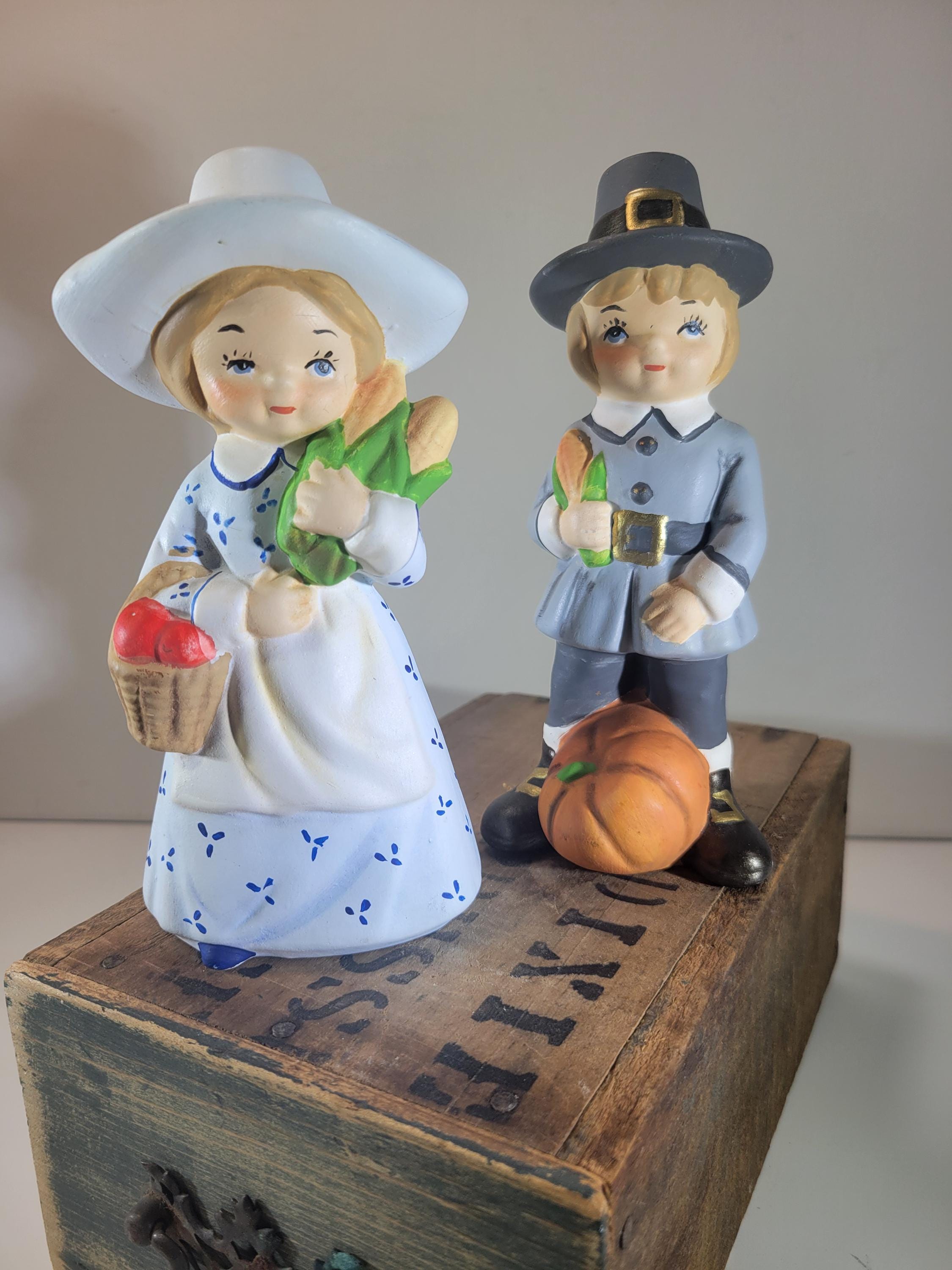 Thanksgiving Pilgrim Figurines Dressed in Blue, Boy and Girl With