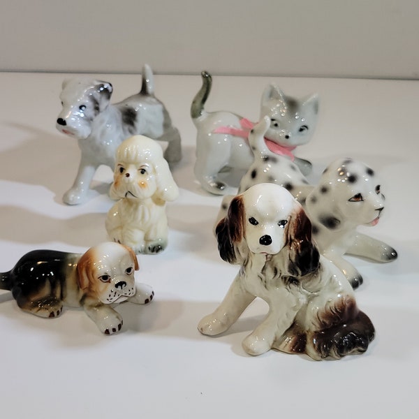 Assortment of small dog and cat figurines, choice, Spaniel, Bulldog, Dalmation, Terrier, Maltese, cat