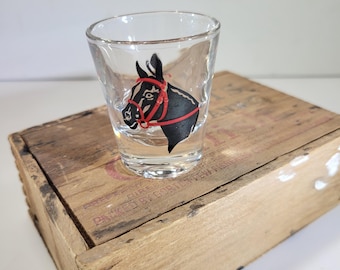 Kentucky Horse vintage shot glass , English horse riding, helmet, whip, stirrups, barware