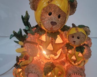 Large light-up teddy bear with pumpkins and baby bear, Halloween decoration, porch decor
