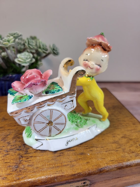 Rare Napco Pixie Figurine, Pixie With Rose Flower Cart, Month of