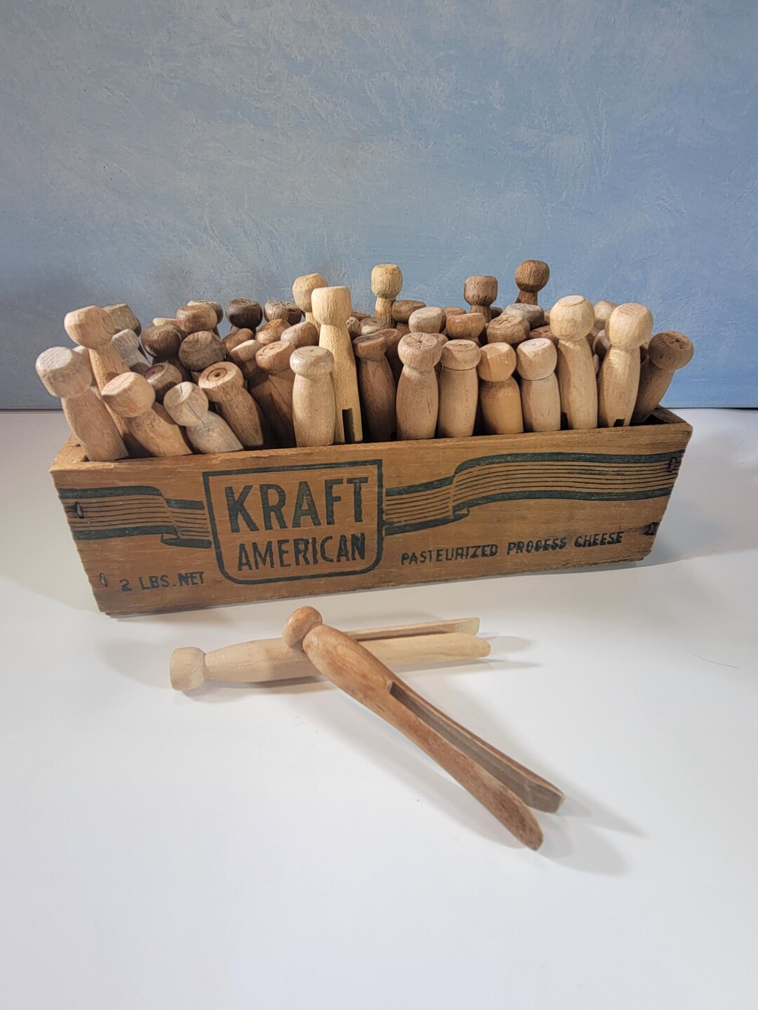 Vintage Wooden Clothespins in an Old Kraft American Cheese Box, Laundry ...