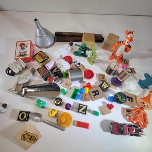 Junk drawer lot, vintage assemblage, mixed media pieces, vintage items, game pieces