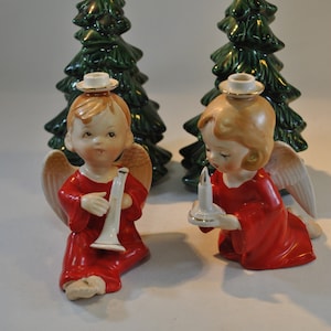 Boy and girl angel Christmas candle holders, vintage Christmas, Christmas décor, dressed in red