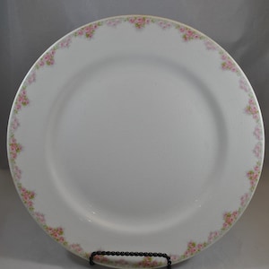 Puede incluir: Plato de cerámica blanca con un delicado borde de rosas rosas. El plato es redondo y tiene un borde ligeramente elevado. Un soporte de metal negro sostiene el plato, mostrando el diseño floral.