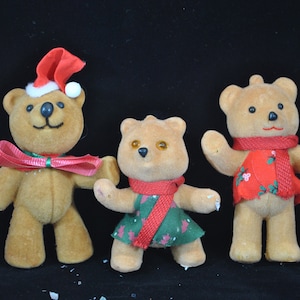 Set of 3 Vintage flocked bear Christmas ornaments, holiday décor