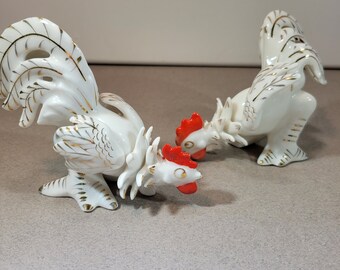 Eye catching white and red chickens set, porcelain with gold accents, vintage, made by Gilda