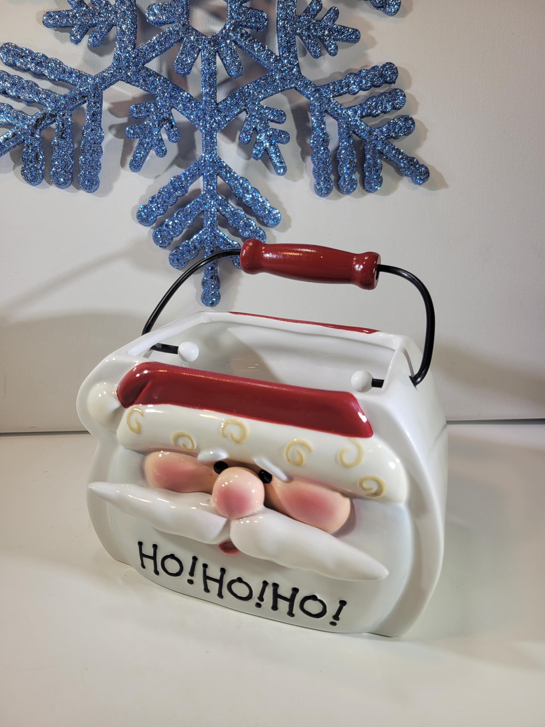 Santa head Christmas ceramic basket with handle, vintage, candy cane holder