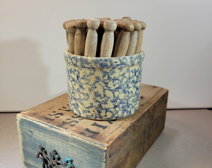 Vintage Wooden Clothespins in a Vintage Spongeware Crock Made by ...