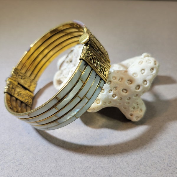 Mother of Pearl and brass hinged bracelet, bangle, pin clasp vintage