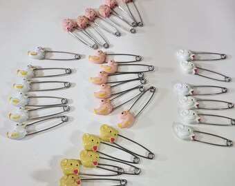 Assortment of vintage diaper pins, sold in lots of 10,  pigs, ducks, baby shower games, invitations