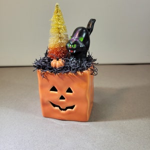 Halloween vintage black cat with pumpkin and candy corn tree sitting in a pumpkin bag, Fall home decor