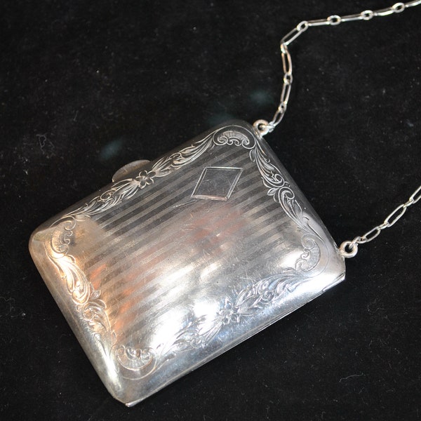 Sterling Silver minaudière with sterling silver chain, mirror/compact, coin and bill purse, floral engraving, vintage, .925