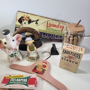 Choice of assorted vintage laundry room decor items #8, cleaner, vintage clothespins, SAD iron, soap bars, starch box, clothes sprinkler