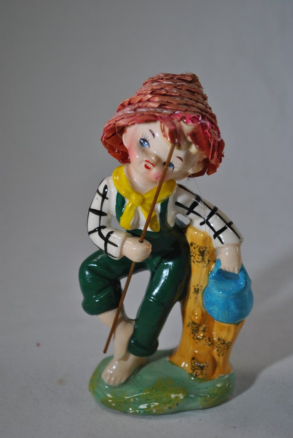 Wales Little Boy Fishing Figurine, Ceramic, Vintage, Colorful, Boy With  Straw Hat 
