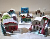 Tiny Putz houses made in Japan, cardboard houses decorated for Christmas, choice, village