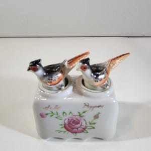Puede incluir: Un juego de salero y pimentero de porcelana vintage. El juego presenta dos figuras de pájaros sobre una base rectangular blanca decorada con una rosa rosa y hojas verdes. Las palabras "Sal" y "Pimienta" están escritas en la base.