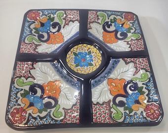 Loza Poblana Talavera Mexican divided serving tray, ceramic, colorful