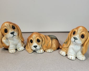 Adorable beagle puppy figurines, ceramic, vintage, set of 3, Homco
