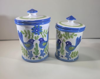 Vintage Italian ceramic canisters with handpainted bird and floral motif, set of 2
