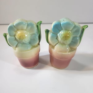 Puede incluir: Un juego de dos saleros y pimenteros de cerámica con forma de macetas con flores azules. Las flores tienen centros amarillos y hojas verdes. Las macetas son rosas y amarillas.