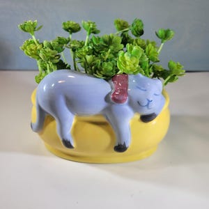 Maceta vintage de cerámica azul con forma de gato, jarrón con forma de gato, soporte para suculentas.