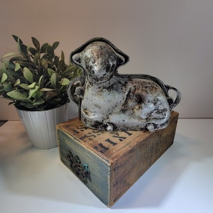Cast aluminum lamb cake mold, vintage kitchen display piece, silver aged patina