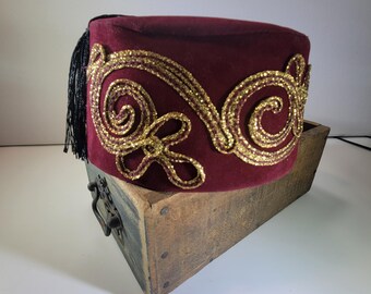 Traditional burgandy felt Ottoman Fez, Tarboosh, black tassel and gold embroidery, vintage