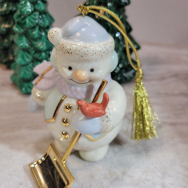 Porcelain Lenox Christmas snowman ornament, snowman with shovel and bird, 6th and last in series, IOB