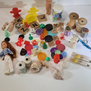 Junk drawer lot, vintage assemblage, mixed media pieces, vintage items, game pieces