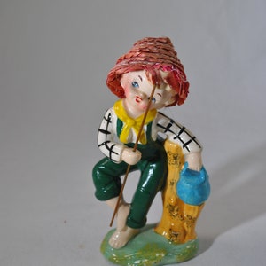 Wales little boy fishing figurine, ceramic, vintage, colorful, boy with straw hat