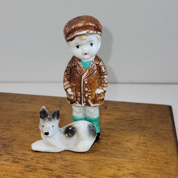 Penny doll boy dressed in brown and his dog figurines, bisque made in Japan, vintage