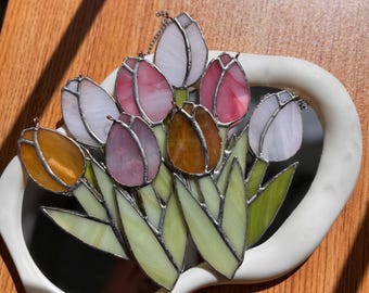 Handmade Stained Glass Tulip Suncatcher, Floral Window Hanging