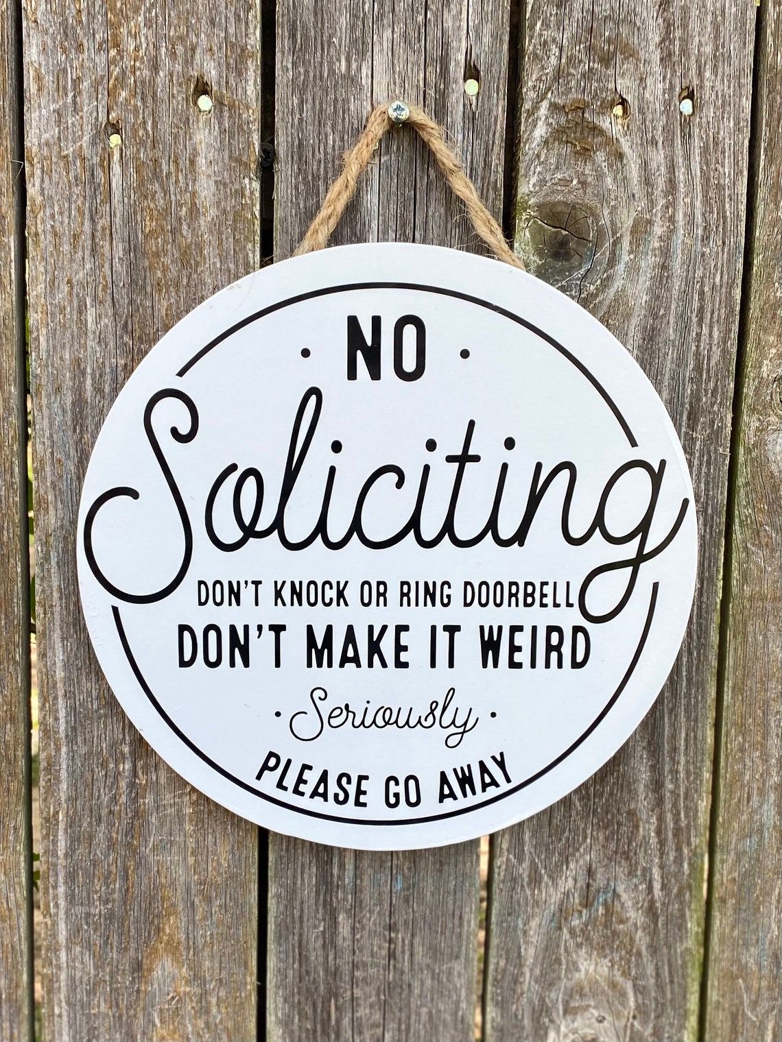 White and Black No Soliciting Round Sign Door Hanger Etsy